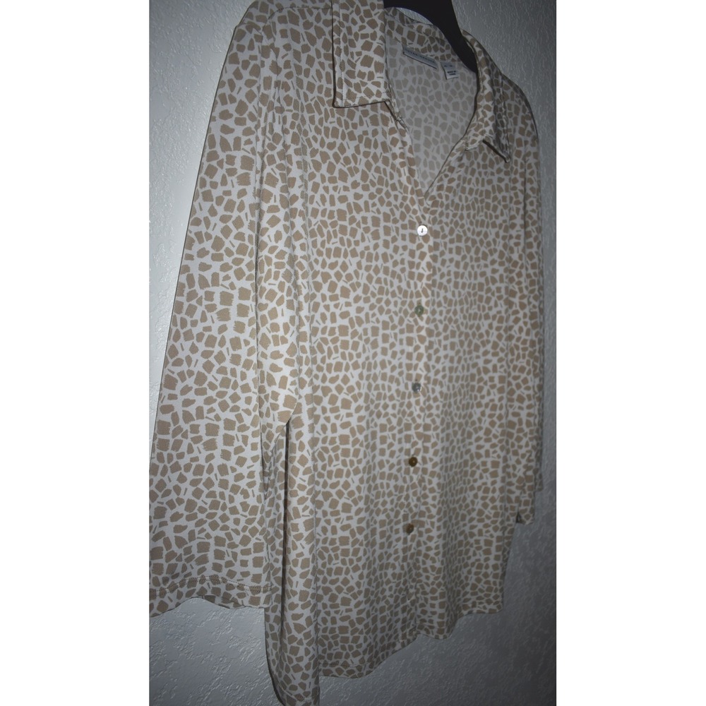 Susan Graver XL Stretch Blouse Button Front Mosaic Print 3/4 Sleeve Tan White - Picture 10 of 16
